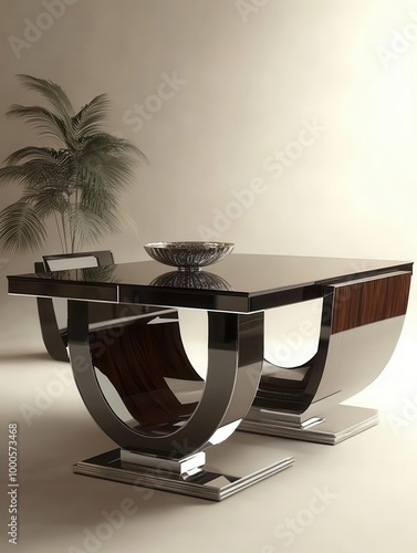 Art Deco dining set with chrome detailing, lacquered wood, glasstopped table, minimalist geometric shapes, ambient lighting, elegant 1930sinspired design photo