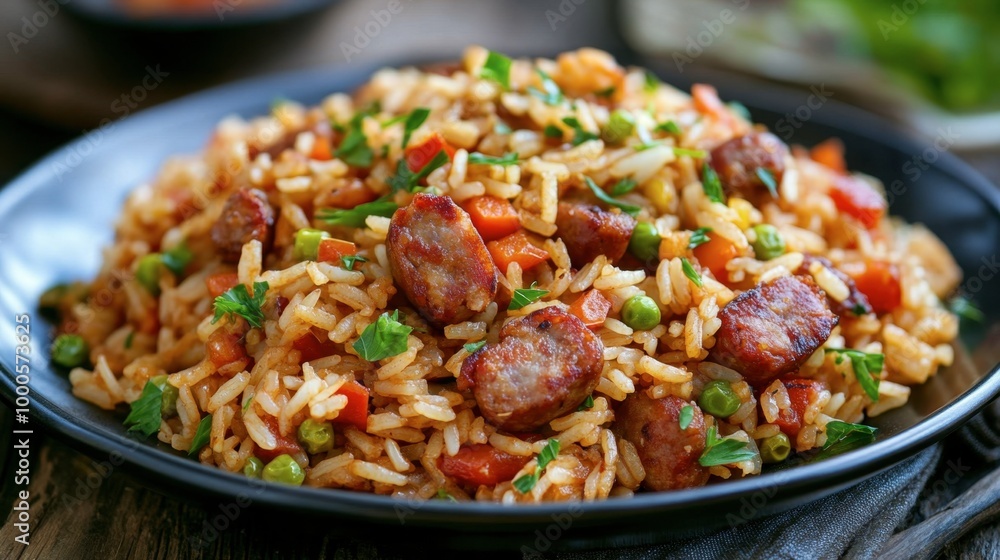 A serving of fried rice with smoked sausage, peppers, and onions, perfect for a smoky, savory flavor. A serving of fried rice with smoked sausage, peppers, and onions, perfect for a smoky, savory flavor.