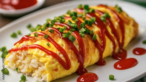 A serving of fried rice wrapped in an omelette, a popular Japanese dish known as omurice, with ketchup drizzled on top.