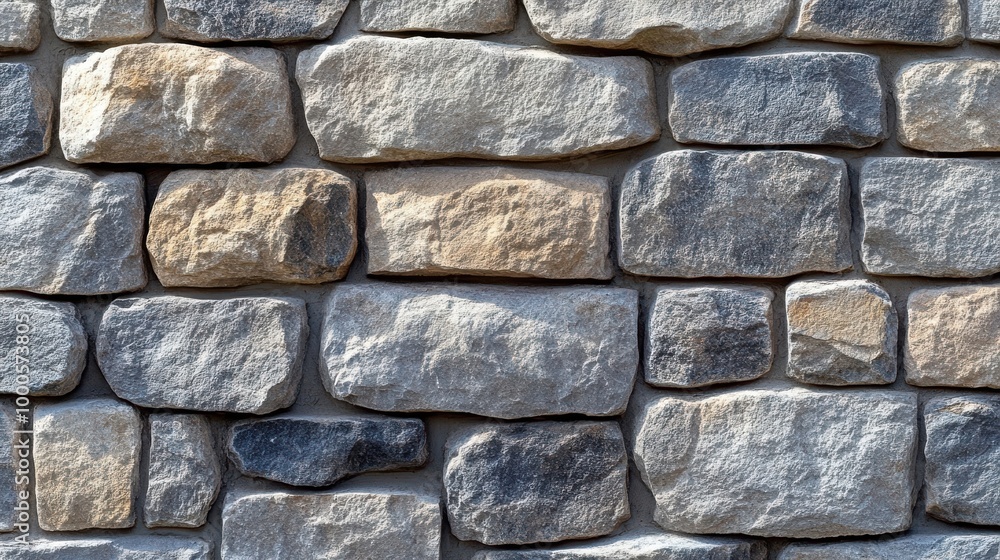 A textured wall of gray and brown stones set in a rustic pattern with ...