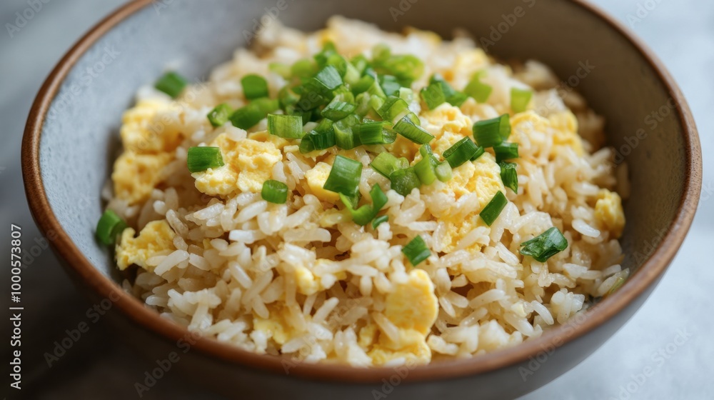 A simple bowl of egg fried rice with a garnish of sliced green onions, ready to be enjoyed as a quick and easy meal. A simple bowl of egg fried rice with a garnish of sliced green onions, ready to be enjoyed as a quick and easy meal.