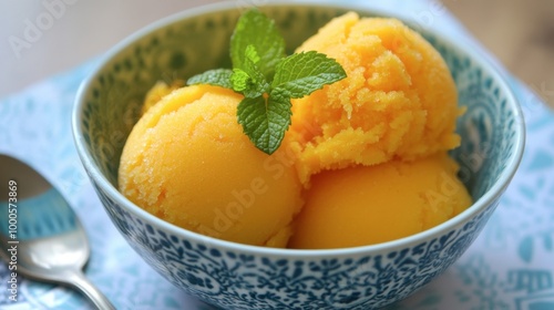 A simple mango sorbet, served in a bowl with a garnish of mint leaves, refreshing and perfect for a hot day.