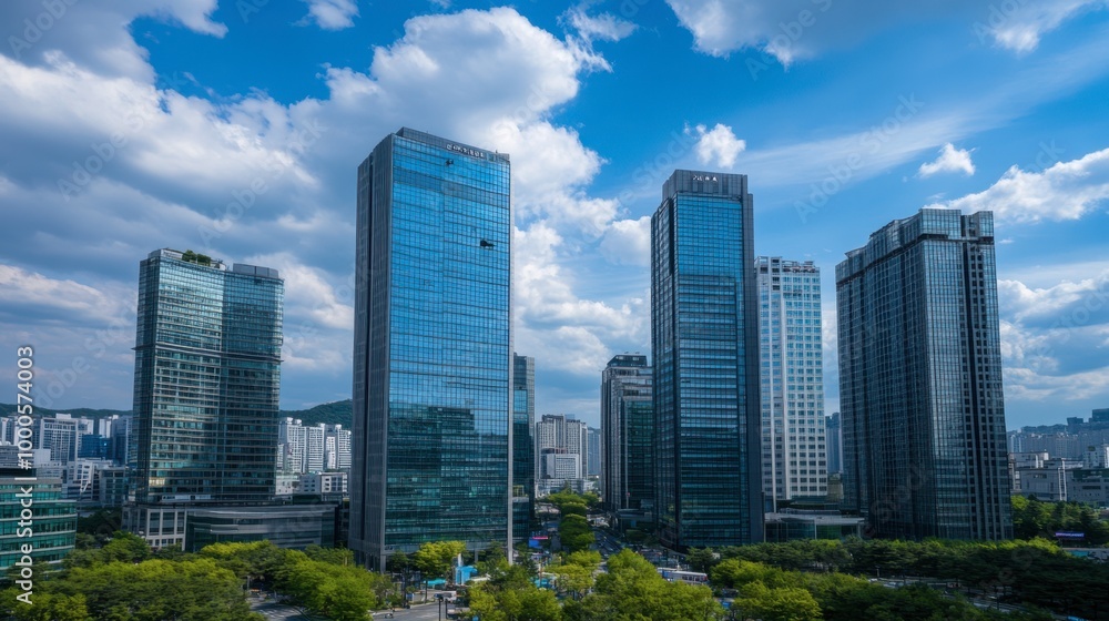 A skyline shot of Seouls financial district, with high-rise buildings and corporate offices symbolizing Koreas economic strength and industrial power. A skyline shot of Seouls financial district, with high-rise buildings and corporate offices symbolizing Koreas economic strength and industrial power.