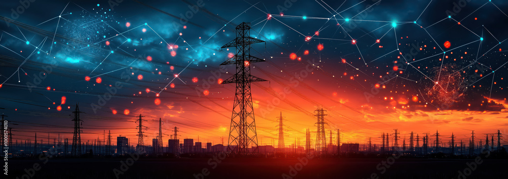 © Nathasa - High voltage electric power lines station with sunset sky background.