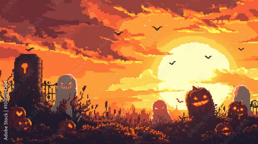 A haunting pixel art scene of a field filled with jack-o'-lanterns, ghosts, and tombstones. The setting sun bathes the landscape in a fiery orange glow as bats fly overhead, capturing the perfect
