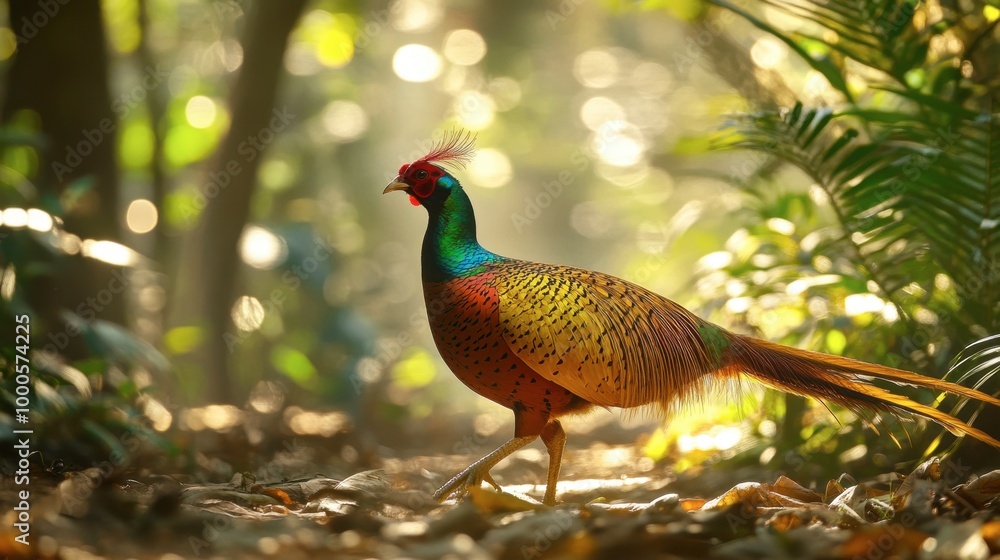 Fototapeta premium A striking golden pheasant walking through a forest, its iridescent feathers gleaming in the dappled sunlight.