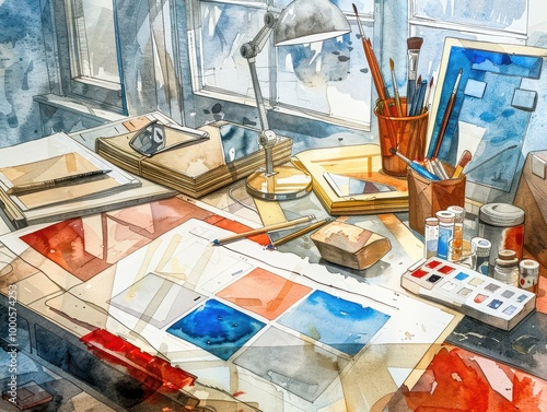 Watercolor painting of an artist's art work desk. Color illustration.