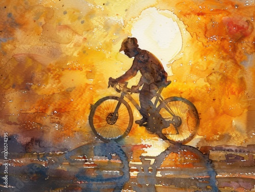 Watercolor painting of a silhouette of a young boy riding a bicycle