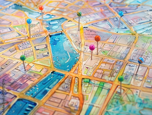 Watercolor drawings of maps and pinpoints in various areas.