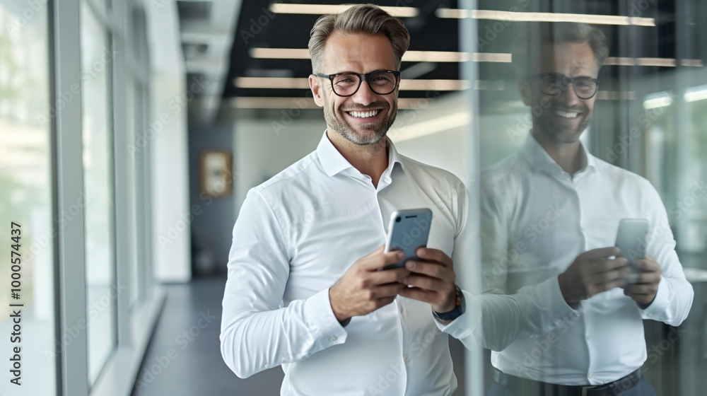 A smiling businessman holding his phone in an office, standing against the glass wall of another room where he can see himself reflected through it. A smiling businessman holding his phone in an office, standing against the glass wall of another room where he can see himself reflected through it.