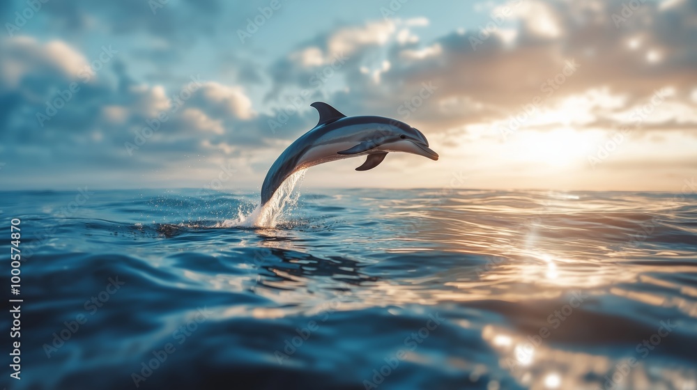 Fototapeta premium Dolphin Jumping Against Minimalist Ocean Horizon