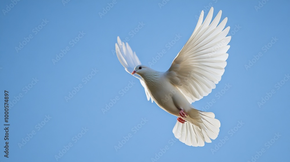 Fototapeta premium A white dove soaring gracefully through the air, its wings outstretched against a backdrop of clear blue sky.