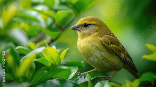 A chartreuse sparrow blending into a vibrant jungle with lush green foliage and dappled sunlight







