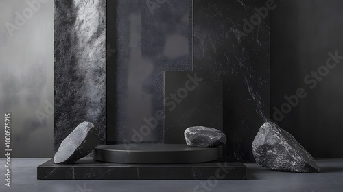 1. A striking black geometric stone backdrop featuring various rock shapes, creating a minimalist mockup for a podium display, ideal for showcasing products with a modern and sophisticated vibe photo