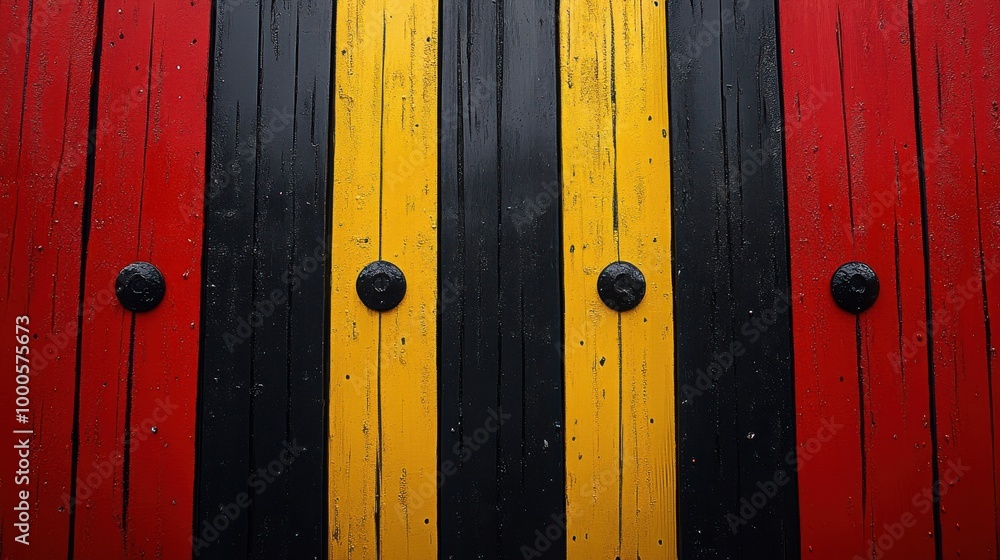 Stripes of vibrant red, black, and yellow paint adorn a rustic wooden door, accented by simple black metal fasteners. Stripes of vibrant red, black, and yellow paint adorn a rustic wooden door, accented by simple black metal fasteners.