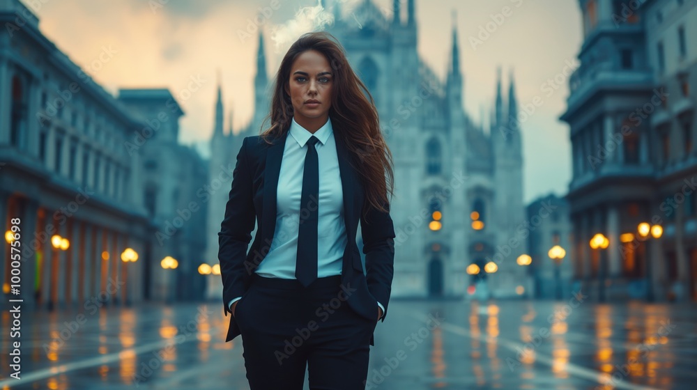 Confident Businesswoman Standing in Historic City Center at Twilight Confident Businesswoman Standing in Historic City Center at Twilight