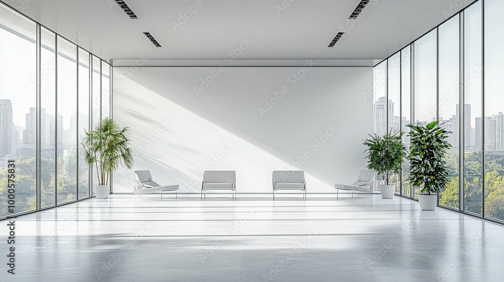 Modern Office Lobby with White Chairs and City View Modern Office Lobby with White Chairs and City View