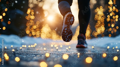 Obraz na płótnie Person running on a decorative-lit path with a warm sunset in the background. w salonie