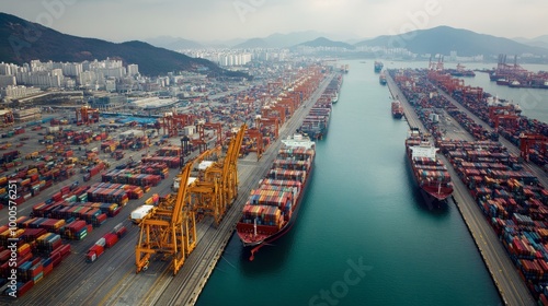Wide aerial view of the bustling Incheon port in Korea, filled with shipping containers, cranes, and cargo ships representing Koreas vital trade routes.