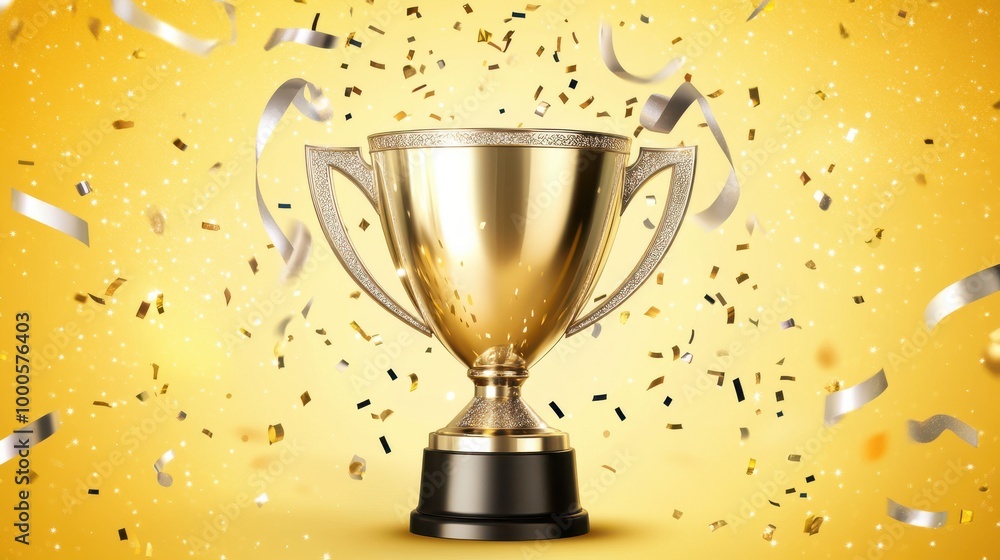 Golden Trophy with Confetti and Ribbons on Yellow Background Golden Trophy with Confetti and Ribbons on Yellow Background
