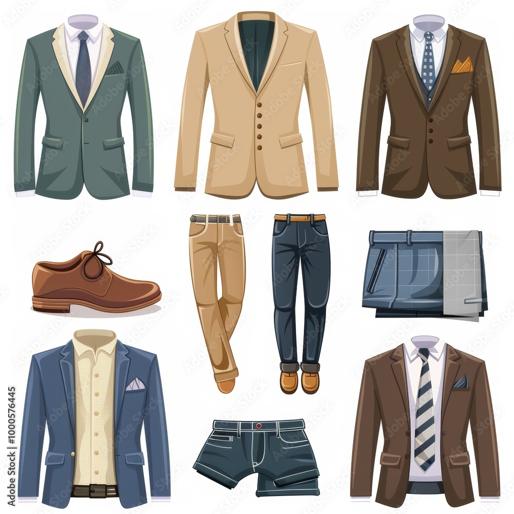 A collection of men's clothing, including suits, ties, and shoes A collection of men's clothing, including suits, ties, and shoes