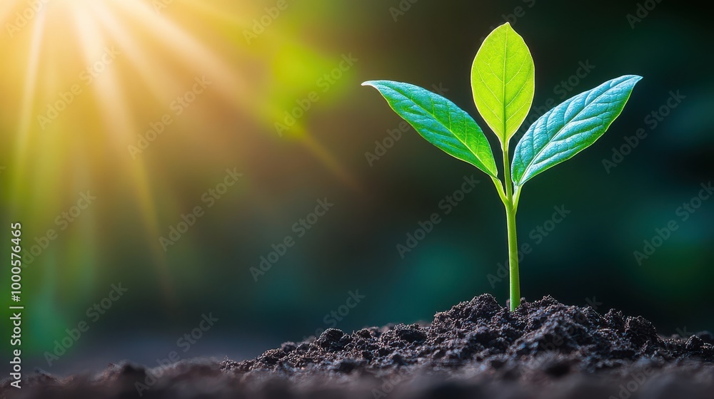 Young Green Plant Sprout Growing in Soil with Sun Rays Young Green Plant Sprout Growing in Soil with Sun Rays