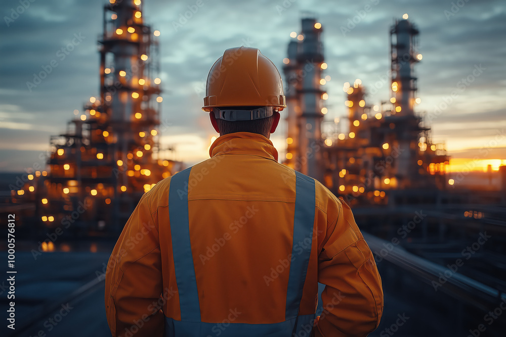 Engineer standing at Industrial view at oil refinery plant from industry zone. Engineer standing at Industrial view at oil refinery plant from industry zone.