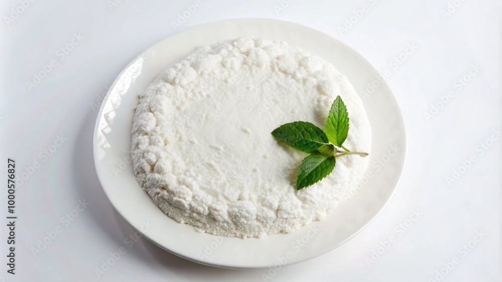 Fresh ricotta cheese on a white plate with a sprig of mint. Fresh ricotta cheese on a white plate with a sprig of mint.