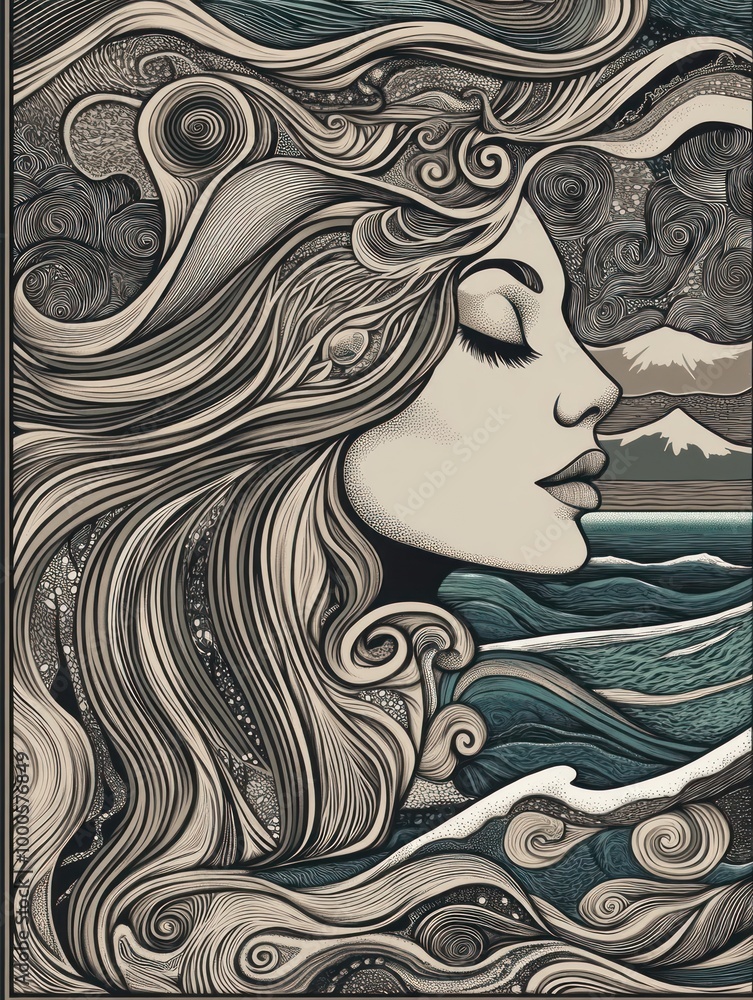 A beautiful woman with long flowing hair, depicted in profile with her eyes closed, with a background of a seascape with mountains in the distance. A beautiful woman with long flowing hair, depicted in profile with her eyes closed, with a background of a seascape with mountains in the distance.