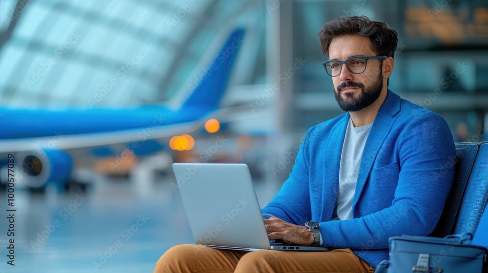 © missisya - Businessman Working on Laptop at Airport Gate