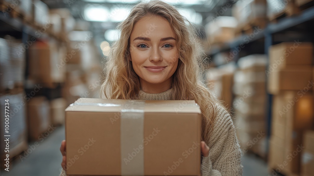 Young Woman Holding Cardboard Box In Warehouse Young Woman Holding Cardboard Box In Warehouse