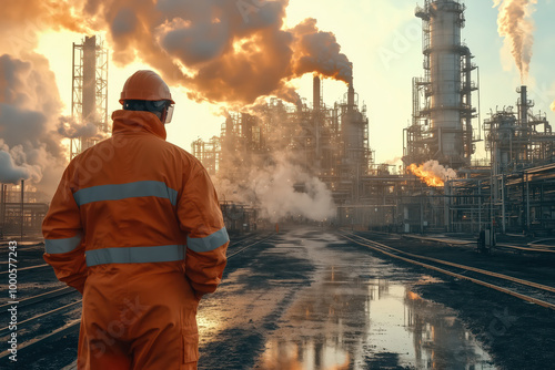 Engineer standing at Industrial view at oil refinery plant from industry zone. photo