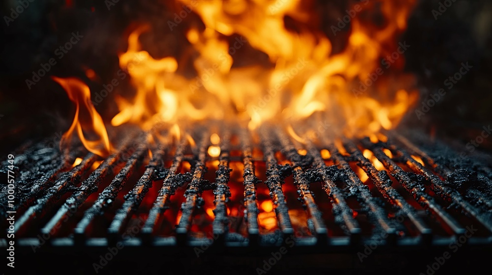 Close-up of a Hot, Charred Barbecue Grill with Blazing Fire Close-up of a Hot, Charred Barbecue Grill with Blazing Fire
