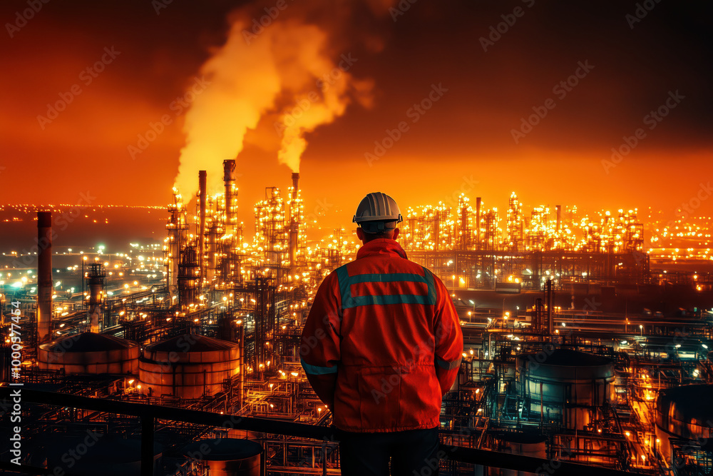Obraz premium Engineer standing at Industrial view at oil refinery plant from industry zone.