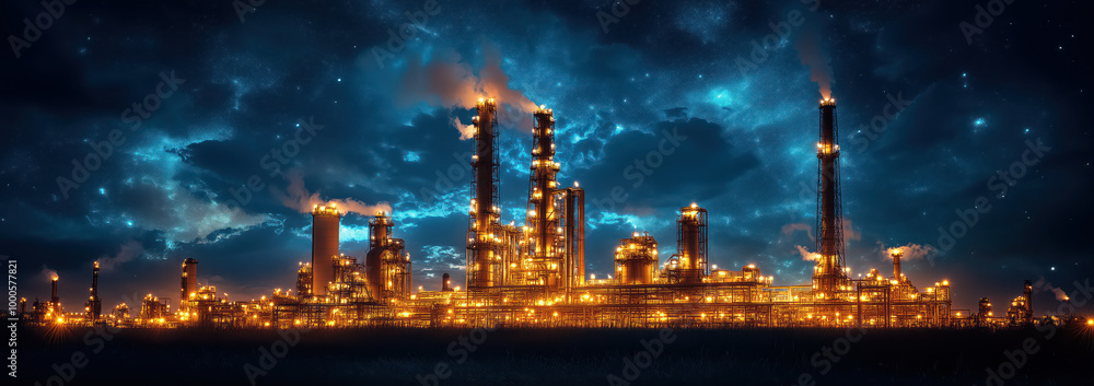 Fototapeta premium Petrochemical industry fuel factory zone with sunset sky background.