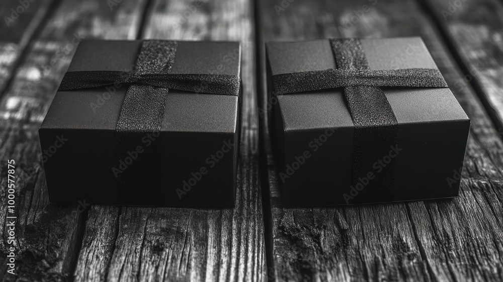 Two Black Gift Boxes With Satin Ribbons on a Weathered Wooden Surface Two Black Gift Boxes With Satin Ribbons on a Weathered Wooden Surface