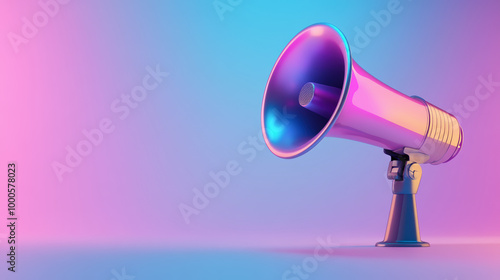 A colorful megaphone stands out against a vibrant gradient background, blending shades of pink, purple, and blue. It symbolizes communication and announcements.