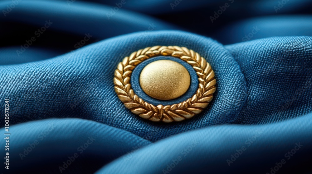 A close-up view of a gold button with a detailed laurel wreath design ...