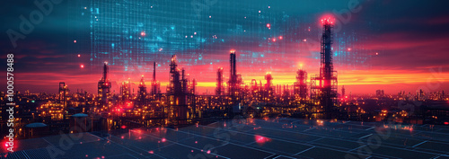 Petrochemical industry fuel factory zone with sunset sky background.