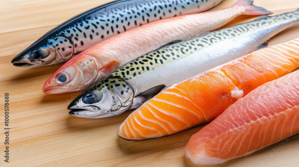 Four fresh fish fillets, including mackerel and salmon, arranged on a wooden surface, showcasing their distinct colors and textures. Four fresh fish fillets, including mackerel and salmon, arranged on a wooden surface, showcasing their distinct colors and textures.