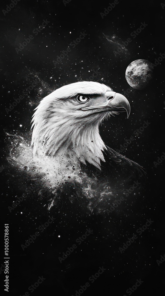 A majestic bald eagle with sharp eyes gazing towards the moon and stars in a night sky. A majestic bald eagle with sharp eyes gazing towards the moon and stars in a night sky.