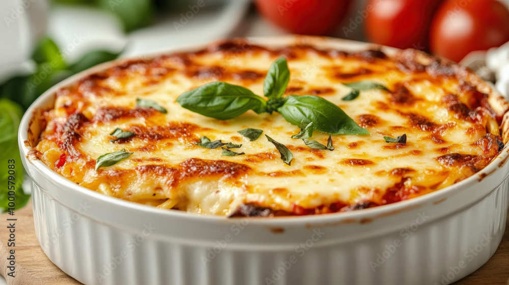 A freshly baked lasagna, topped with melted cheese and garnished with fresh basil leaves, sits in a white dish on a wooden table. A freshly baked lasagna, topped with melted cheese and garnished with fresh basil leaves, sits in a white dish on a wooden table.