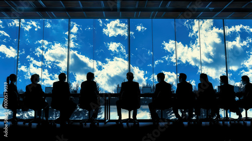 Silhouette group of businessmen and businesswomen sitting together with a highrise city in the sunset background.