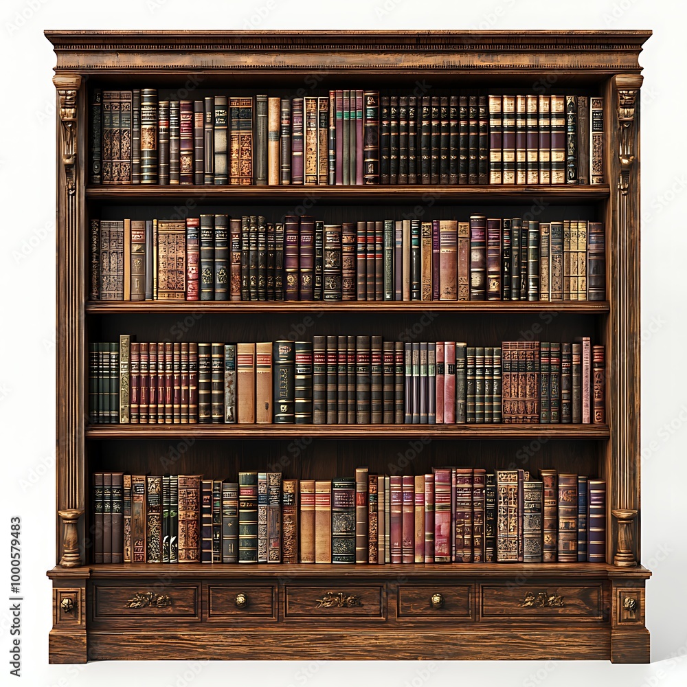 An antique wooden bookcase, its shelves lined with well-worn books, full of character. An antique wooden bookcase, its shelves lined with well-worn books, full of character.