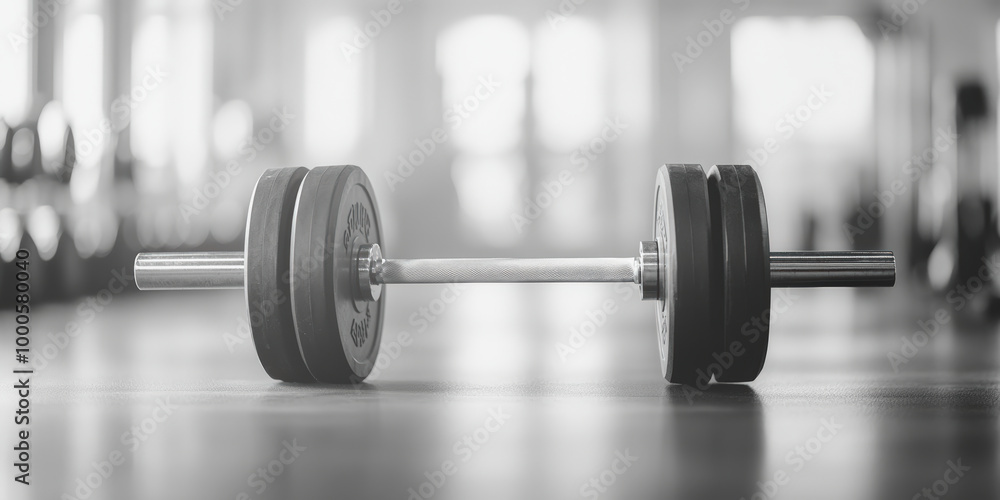 A barbell with weight plates rests on the floor in a gym, indicating readiness for a workout session amidst blurred equipment in the background. A barbell with weight plates rests on the floor in a gym, indicating readiness for a workout session amidst blurred equipment in the background.