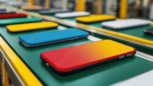 Wallpaper Mural A vibrant assembly line of colorful smartphones rests on a conveyor belt, showcasing a range of hues like red, blue, and yellow. Torontodigital.ca