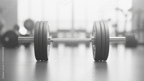 A barbell loaded with weights rests on the floor of a modern gym, ready for a strength training session.