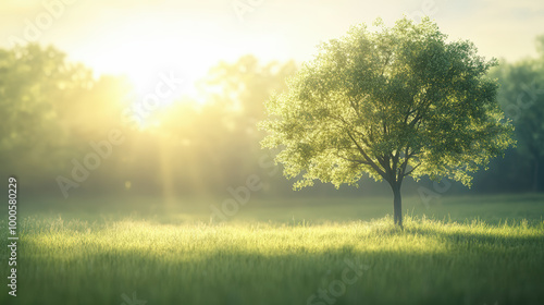 A solitary tree basks in the warm glow of the sunlight, standing tall in a serene, grassy meadow surrounded by a soft, misty ambiance.