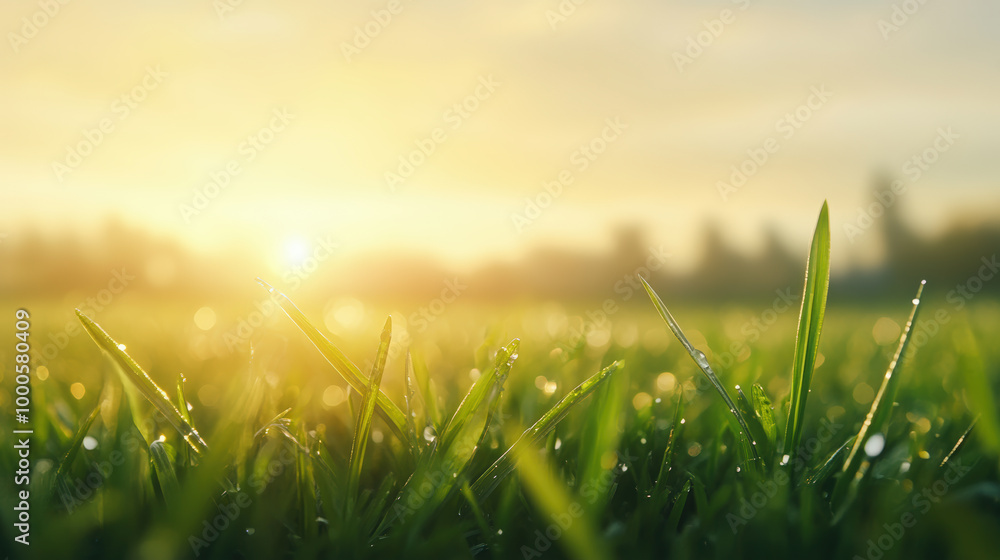 Fototapeta premium Morning sunlight bathes a dew-covered grassy field, creating a serene and picturesque natural landscape with a warm and inviting glow.