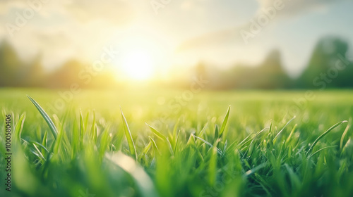 Morning sun rises over a serene, dewy grassy field, casting a warm, golden glow and creating a peaceful, natural landscape.